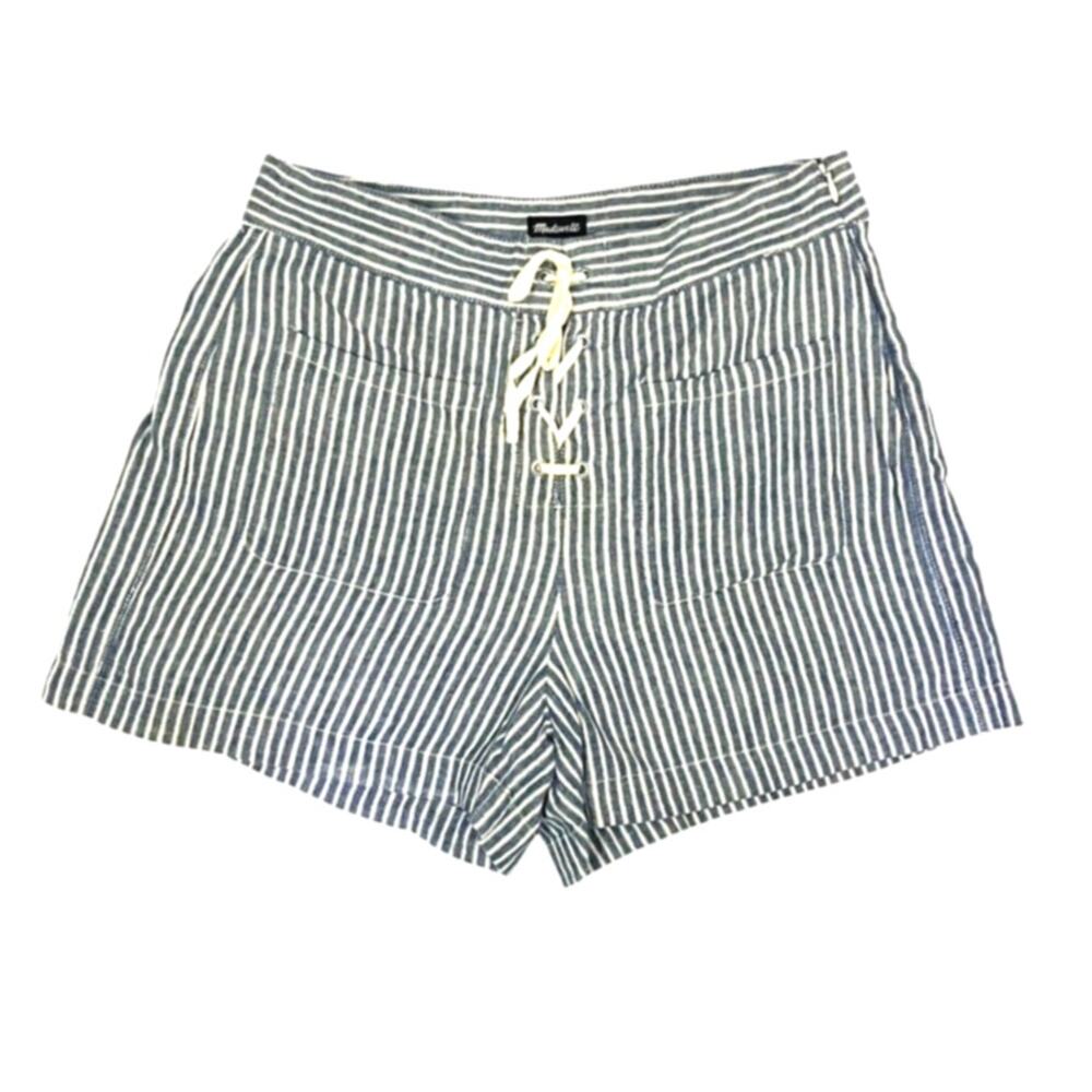 Madewell Linen Blend Striped Shorts Lace Up Front Blue White Size 4 Coastal